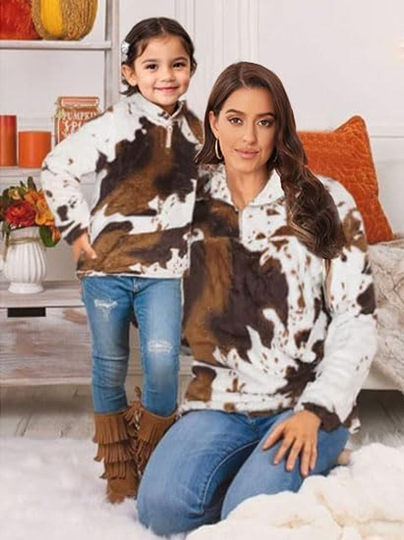 Womens plus Size Long Sleeve Casual Zip Collar Cow Print Fleece Jacket Tops