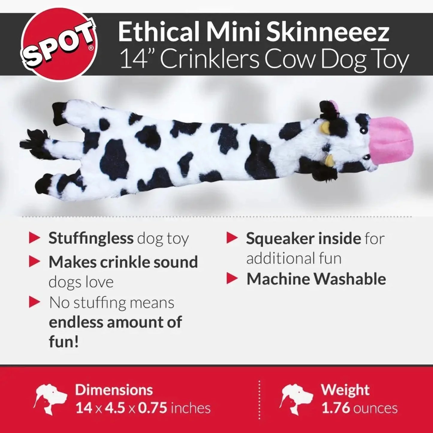 Ethical Pet Mini Crinklers Cow Squeaky Dog Toy 14-Inch
