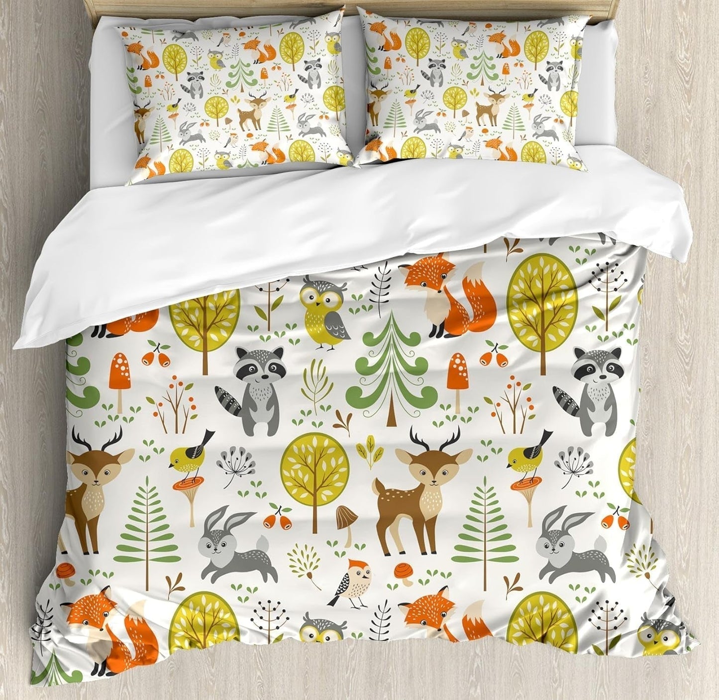 Animals Duvet Cover Set, Woodland Forest Animals Trees Birds Owls Fox Bunny Deer Raccoon Mushroom Print, Decorative 3 Piece Bedding Set with 2 Pillow Shams, King Size, Orange