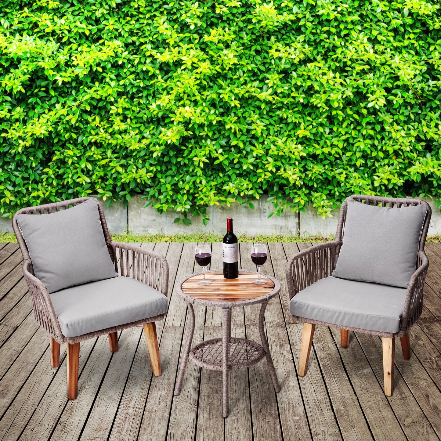 Indoor/Outdoor 3 Piece Wicker Bistro Table and Chairs Patio Seating Set, Tan/Brown