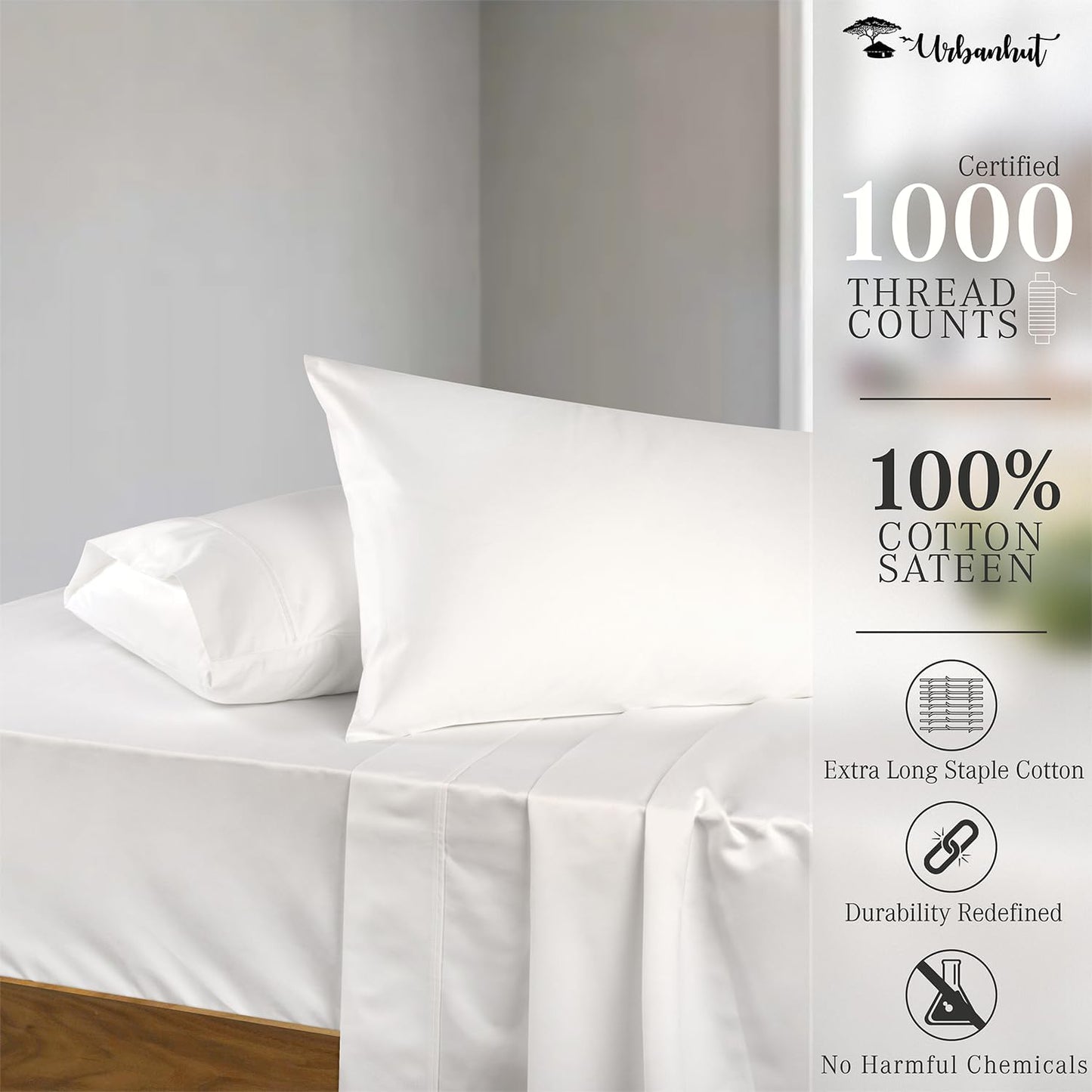 1000 Thread Count Egyptian Cotton Sheets California King Size, Long Staple Soft & Breathable, 4 Pc Bed Sheet Sets, Luxury Hotel Sateen Sheets Fits 16" Deep Pocket - White