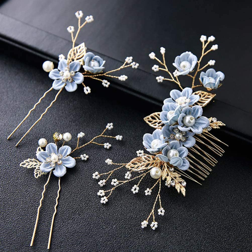 4Pcs Blue Wedding Hair Piece Blue Hair Accessories Hairpins Set, Decorative Pearl Comb, Flower Bridal Hair Set, Hair Accessories for Brides Girls Hair Combs Hair Jewelry
