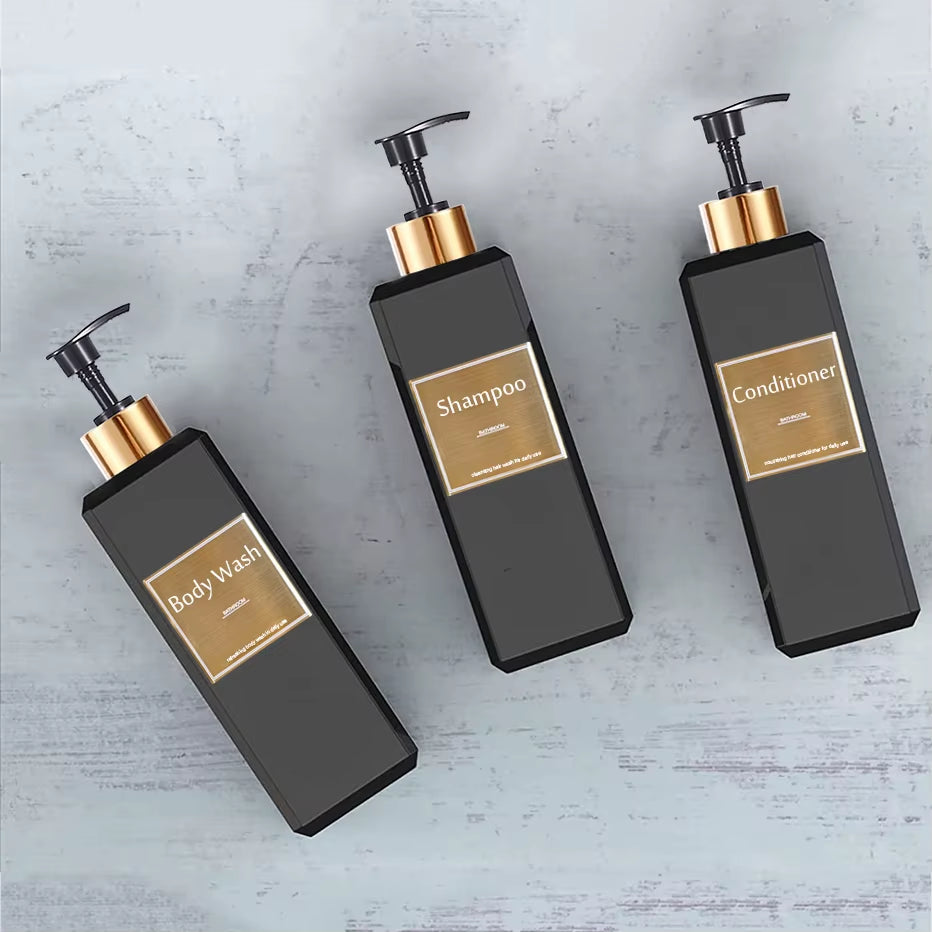 500Ml/16.9Oz Shampoo Dispenser Press Pump Bottle with Gold Waterproof Labels Bathroom Shampoo Conditioner Body Wash Bottles