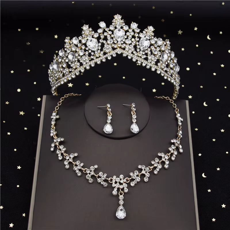Luxury Crystal Bridal Jewelry Sets for Women Pink Tiaras Necklaces Earrings Set Bride Wedding Dress Birthday Crown Set Accessory