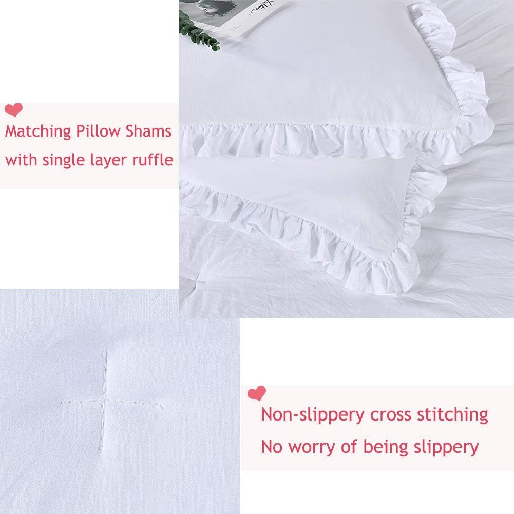 White Ruffled Shabby Comforter Set King,Boho Chic Farmhouse Bedding down Comforter Fluffy Cozy,Ultra Soft Washed Microfiber Inner Fill Bedding All Season 3 Piece Set with Ruffle Pillow Shams