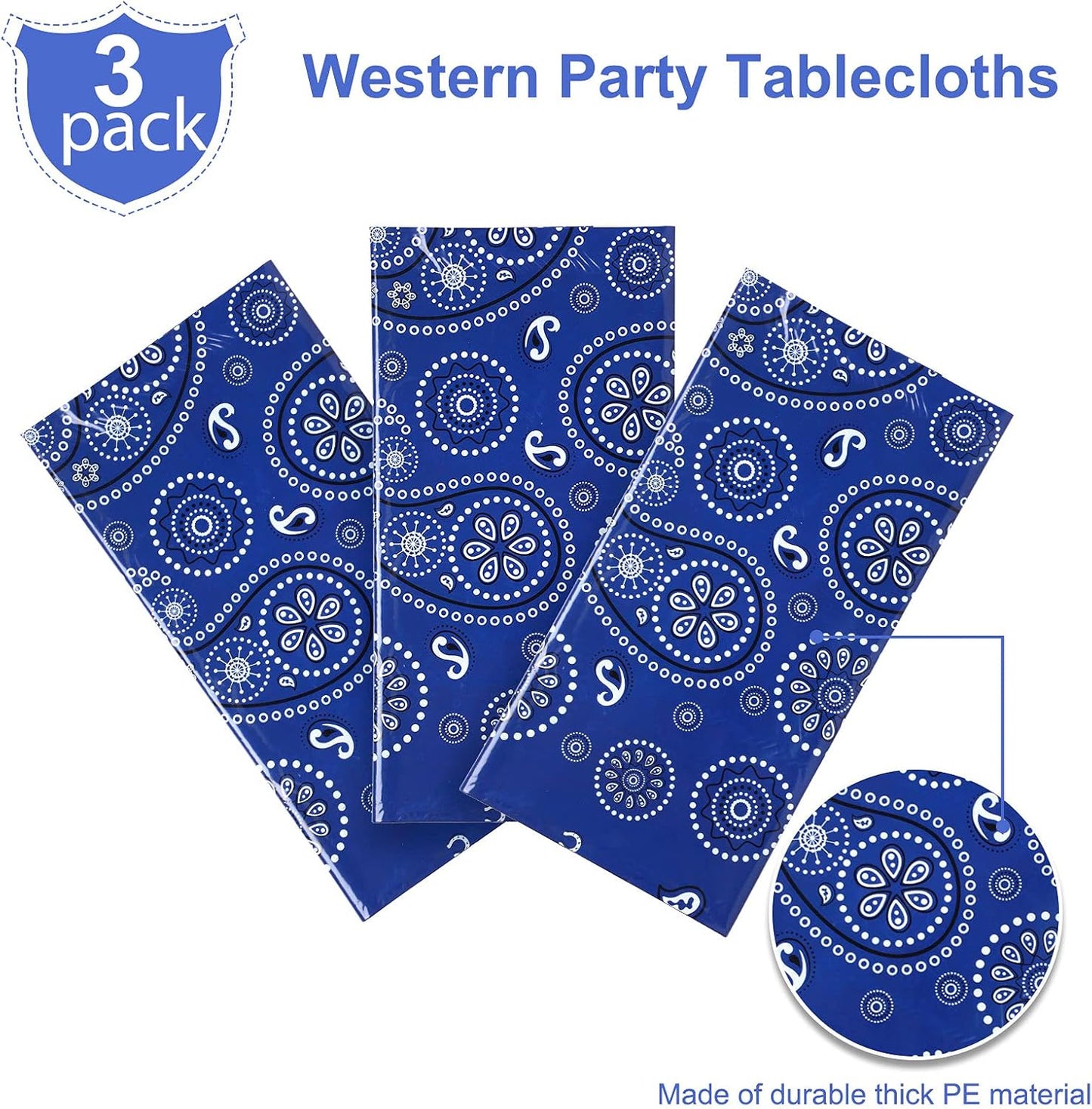 Western Party Tablecloth Paisley Table Cover Bandana Plastic Table Cloth Rectangle Floral Tablecloth for Western Cowboy Themed Party Decorations, 108 X 54 Inches (Blue, 3 Pack)