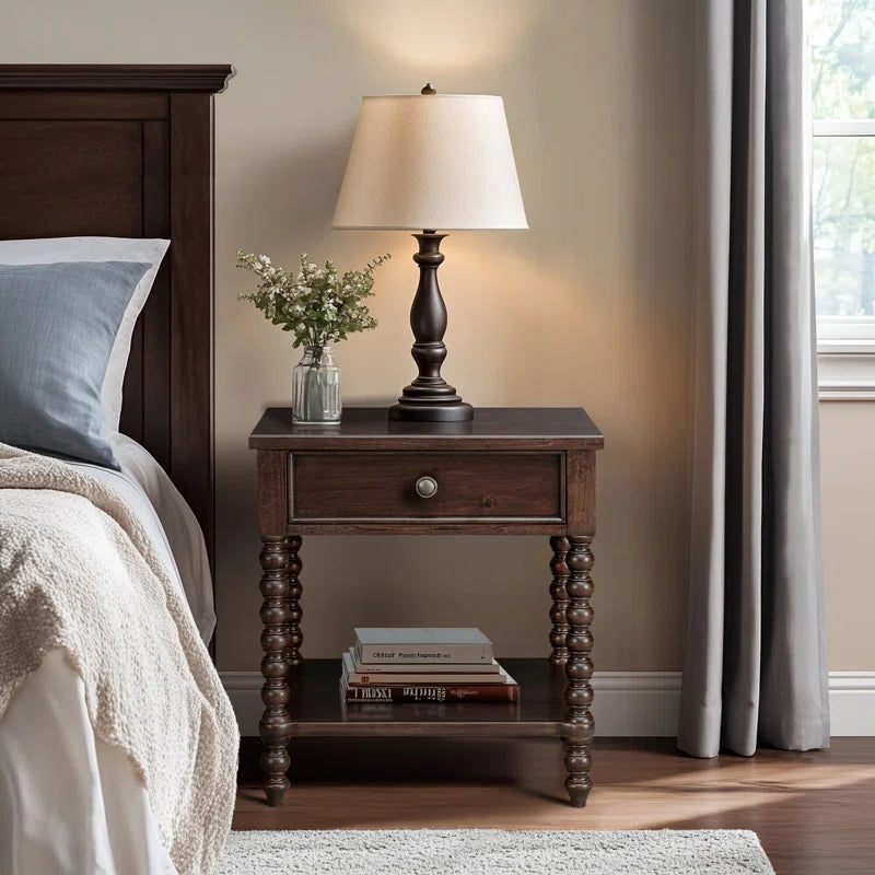Beckett Turned Wood Spindle Nightstand with Drawer & Shelf