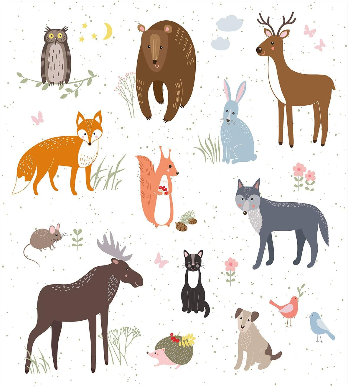 Cabin Duvet Cover Set, Animals in the Springtime Meadow Woodland Fauna Room, Decorative 3 Piece Bedding Set with 2 Pillow Shams, Queen Size, Brown White