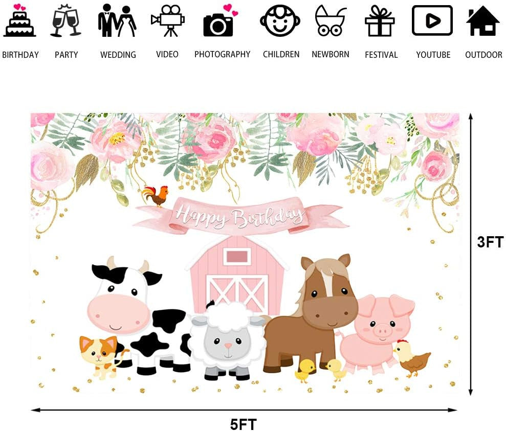 Pink Farm Animals Birthday Backdrop Little Princess Birthday Barnyard Theme Background Cute Farmhouse Flower Girls Birthday Newborn Baby Party Decorations Cake Table Banner 5X3Ft