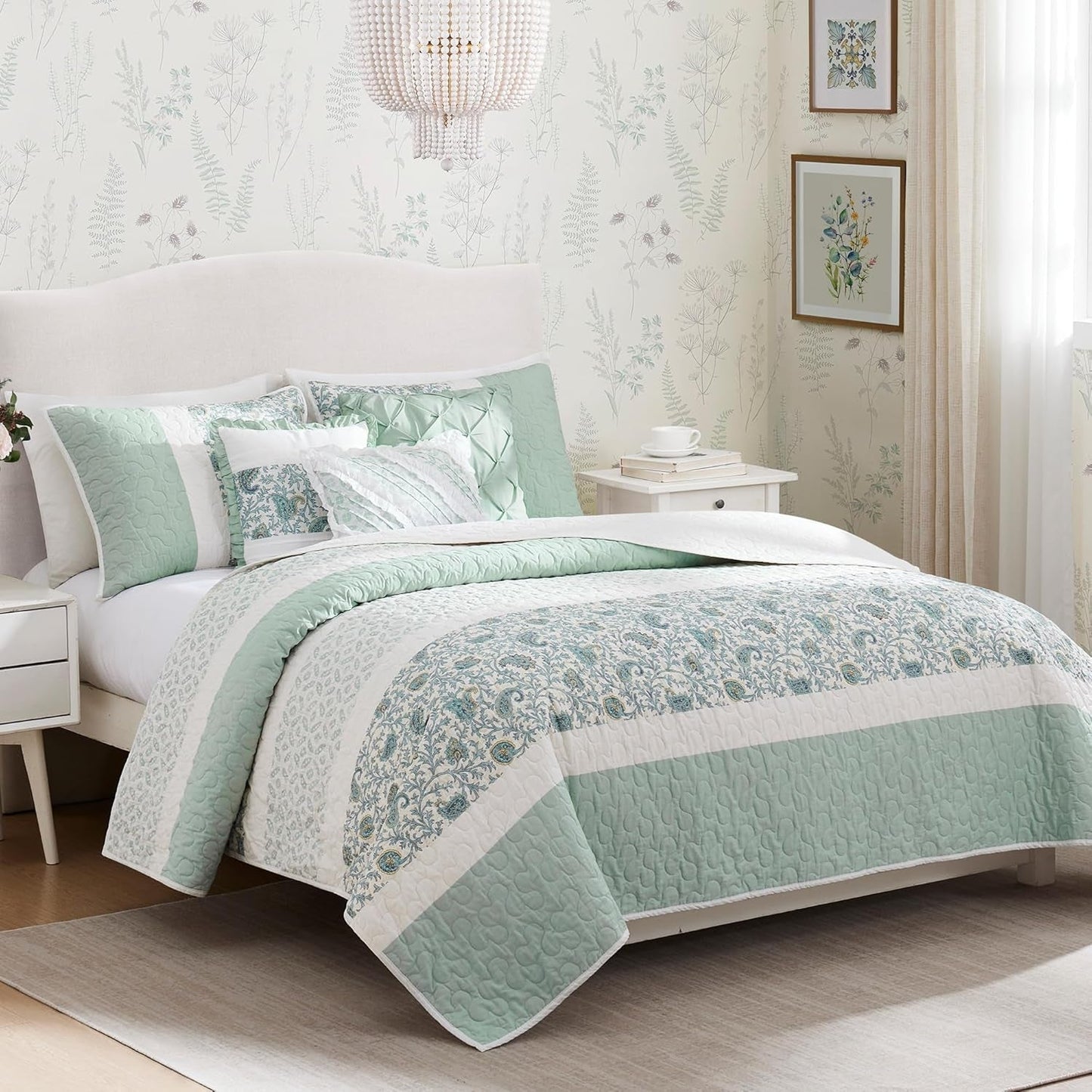 100% Cotton Quilt Set Floral Print, Double Sided Stitching, All Season, Lightweight Coverlet Shabby Chic Bedding Layer, Matching Shams, King/Cal King, Light Teal 6 Piece , Aqua