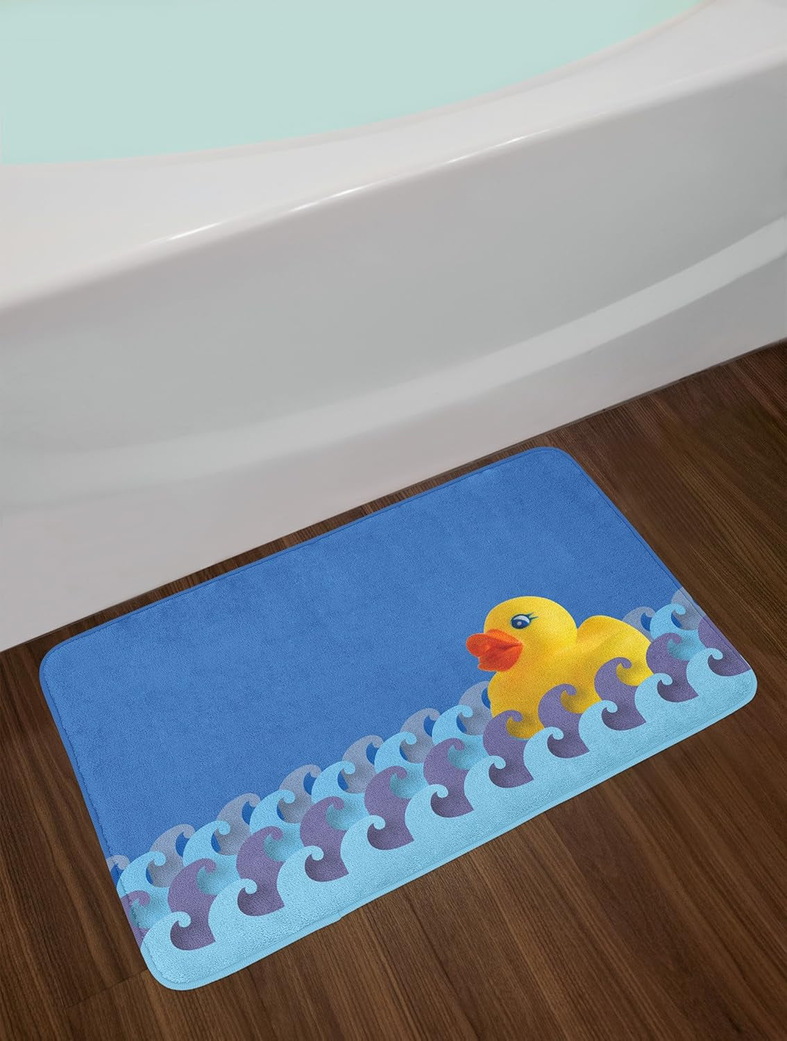 Rubber Duck Bath Mat, Rubber Duck Floating on Paper Seem Water Waves Bathroom Time Care Image, Plush Bathroom Decor Mat with Non Slip Backing, 30.2" X 20", Multicolor