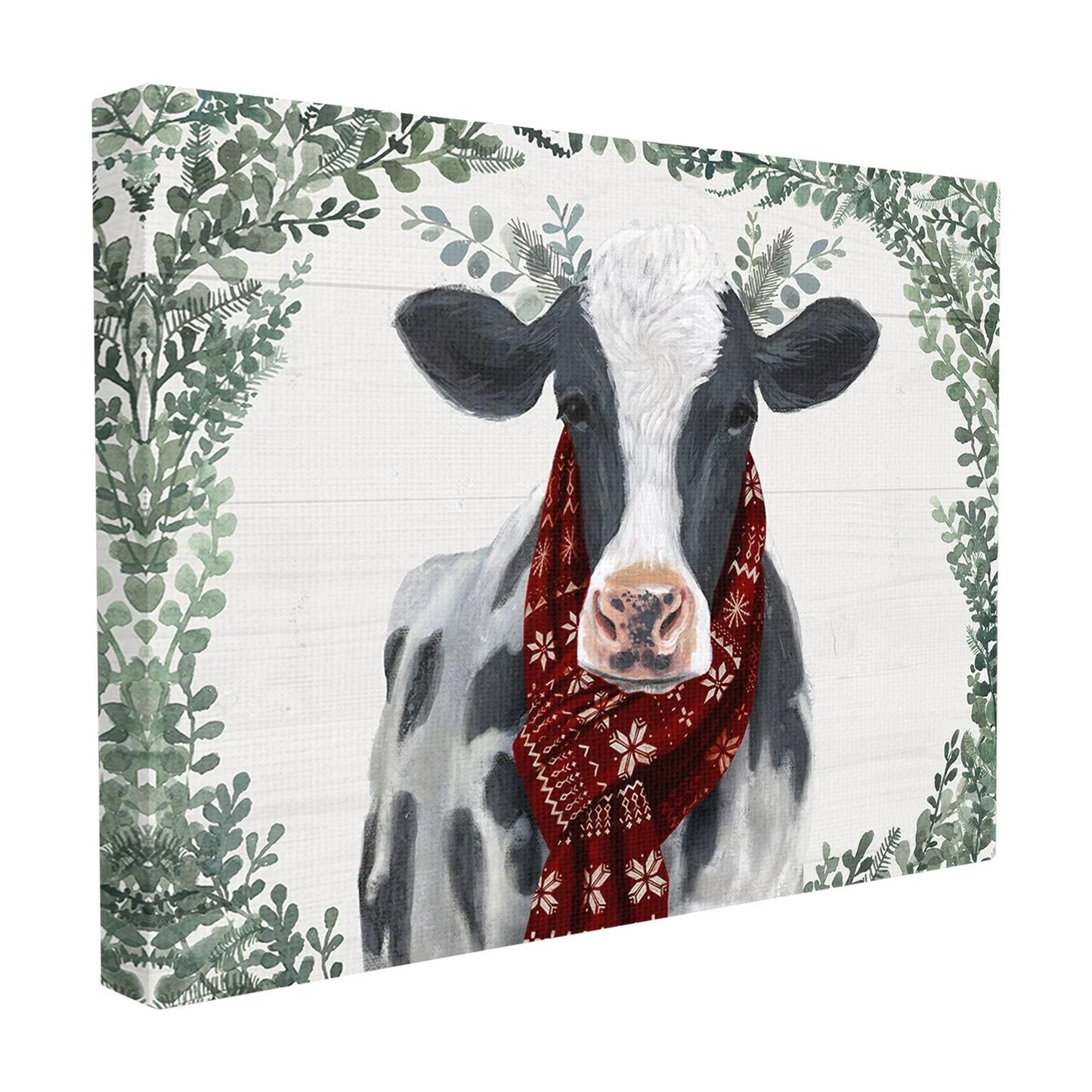 The Stupell Home Decor Collection Holiday Farmhouse Cow with Scarf and Boxwood Leaves Oversized Framed Giclee Texturized Art, 16 X 1.5 X 20