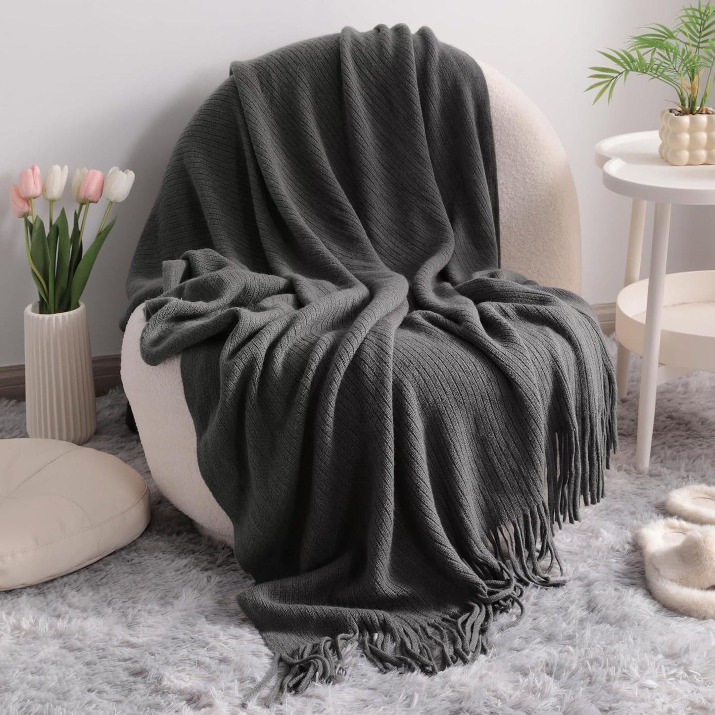 Acrylic Knitted Throw Blanket, Lightweight and Soft Cozy Decorative Woven Blanket with Tassels for Travel, Couch, Bed, Sofa, 51X67 Inches, Taupe Checkered