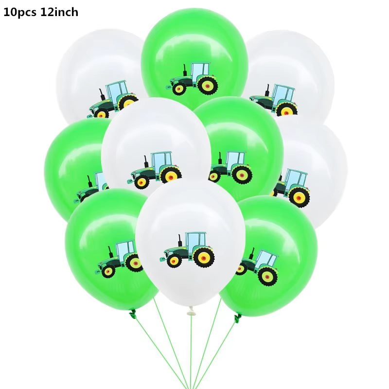 Farm Theme Green Tractor Inflatable Balloons Cake Topper Happy Birthday Party Decoration Kids Birthday Excavator Vehicle Banner