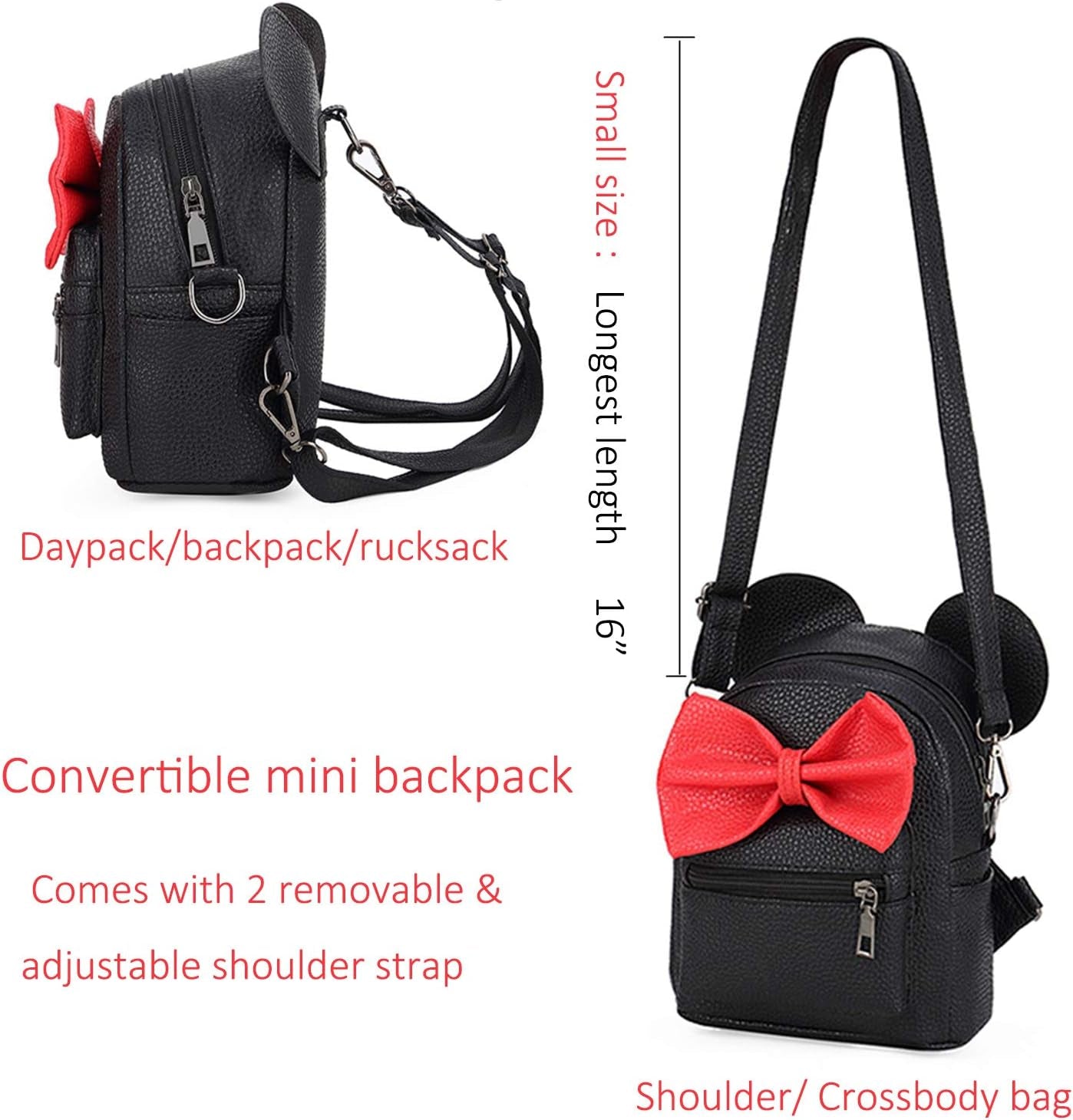 Girls Mini Backpack Purse Mouse Ear Polka-Dot Sequin Bow Convertible Backpack to Crossbody Bag for Women (Black Sequin Bow, W7.5 X H8.7)