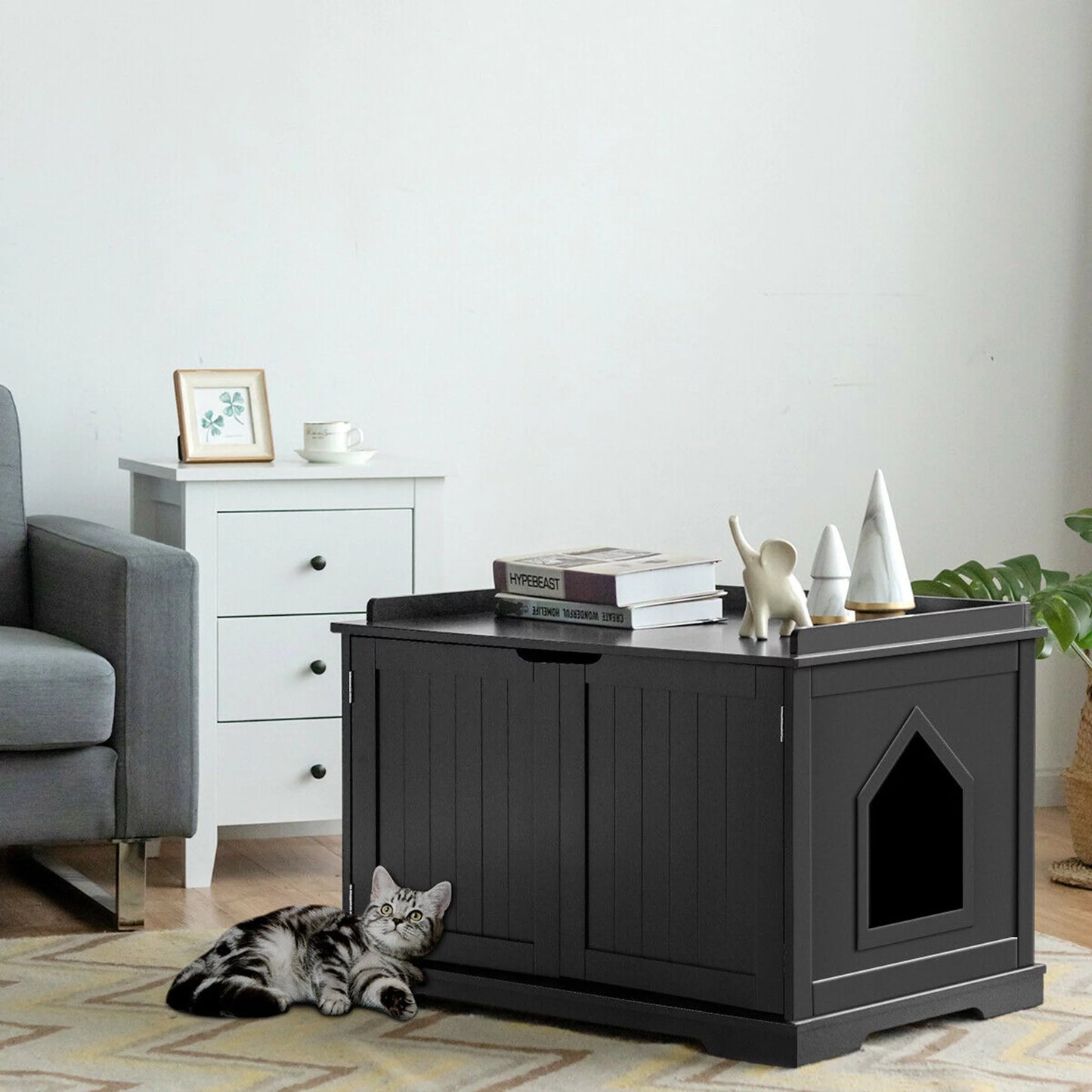 Cat Litter Box Side Table Washroom Storage Bench Wooden Enclosure Pet House Black