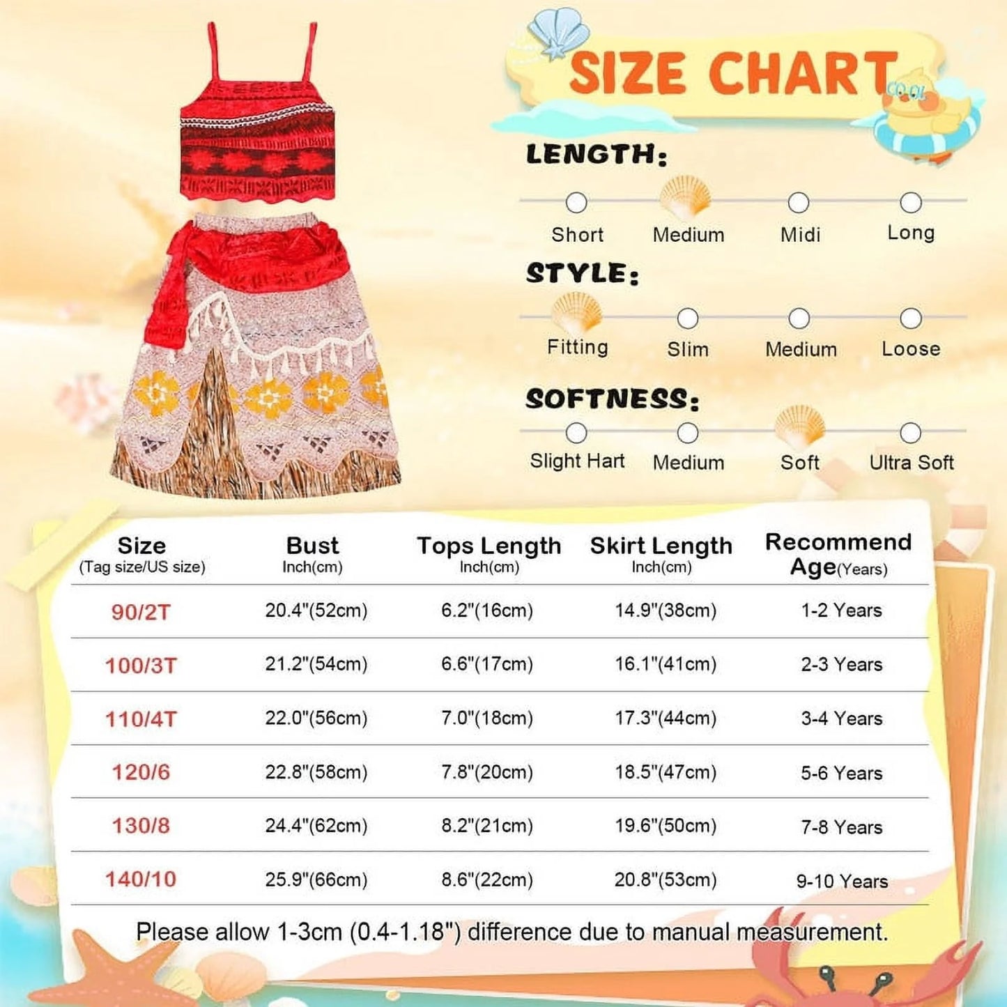 Princess Moana Costume for Girls Adventure Outfit Two-Pieces Crop Top Skirt Set Birthday Party Clothes