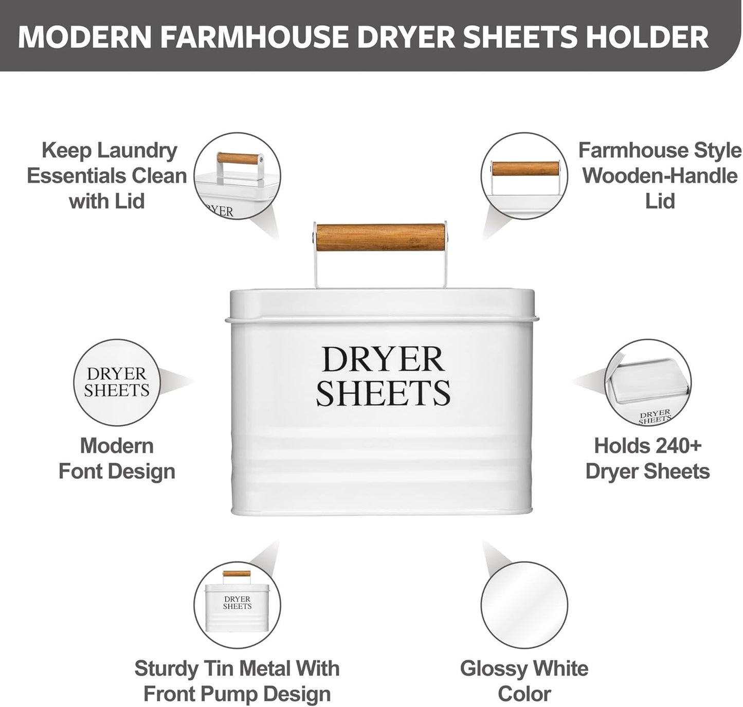 Modern Farmhouse Metal Laundry Dryer Sheets Holder Fabric Softener Dispenser with Lid for Laundry Room Decor and Accessories and Space Saving Laundry Organization and Storage, White