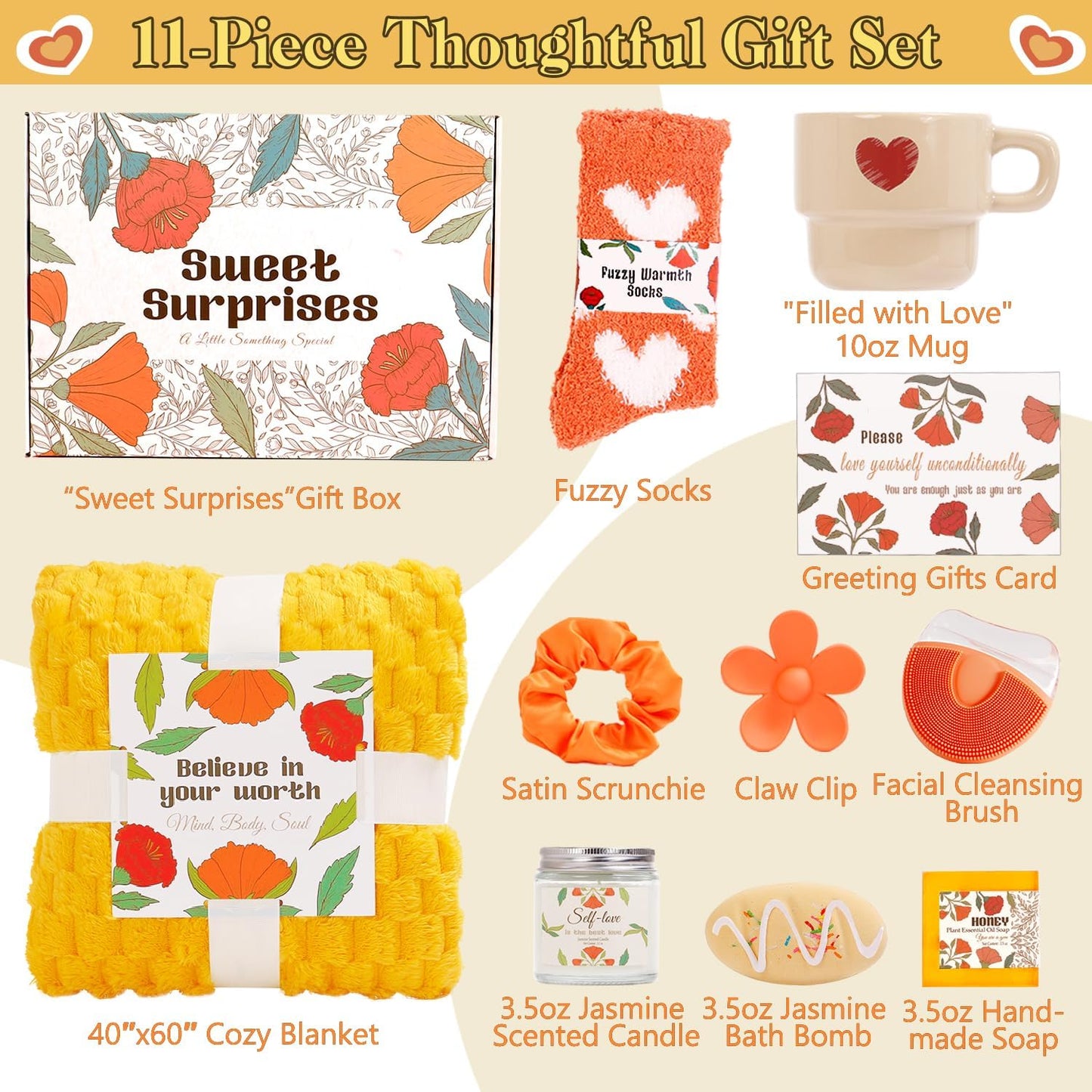 Self Care Gift Basket for Women - 10Pcs Get Well Soon & Thank You Gifts, Spa & Unique Surprises for Mom, Best Friend, Sister