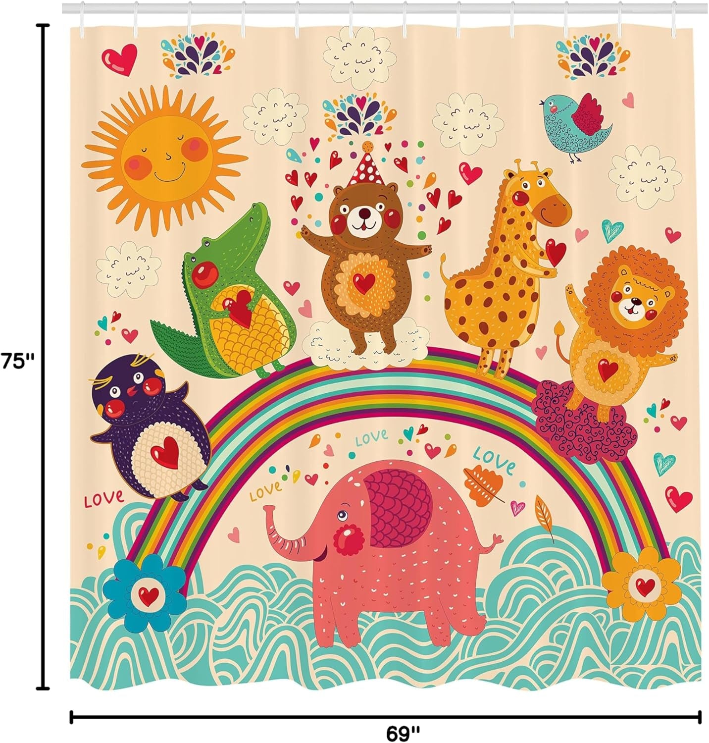 Cartoon Shower Curtain, Happy Animals Bear Lion Crocodile Birds on Rainbow Drawing Effect, Cloth Fabric Bathroom Decor Set with Hooks, 69" W X 70" L, Orange Green