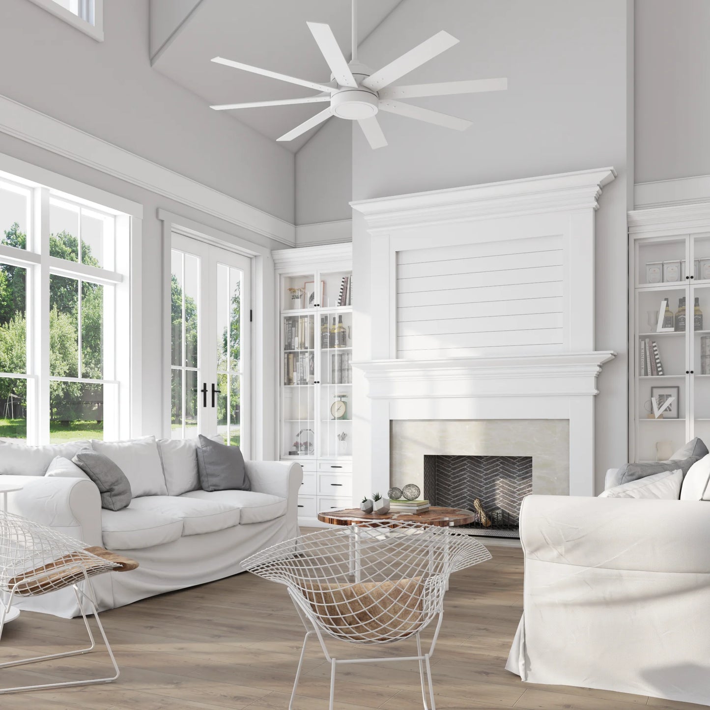 62" White Large Room Indoor Ceiling Fan with Light, 8 Blades, Remote & Reverse Airflow