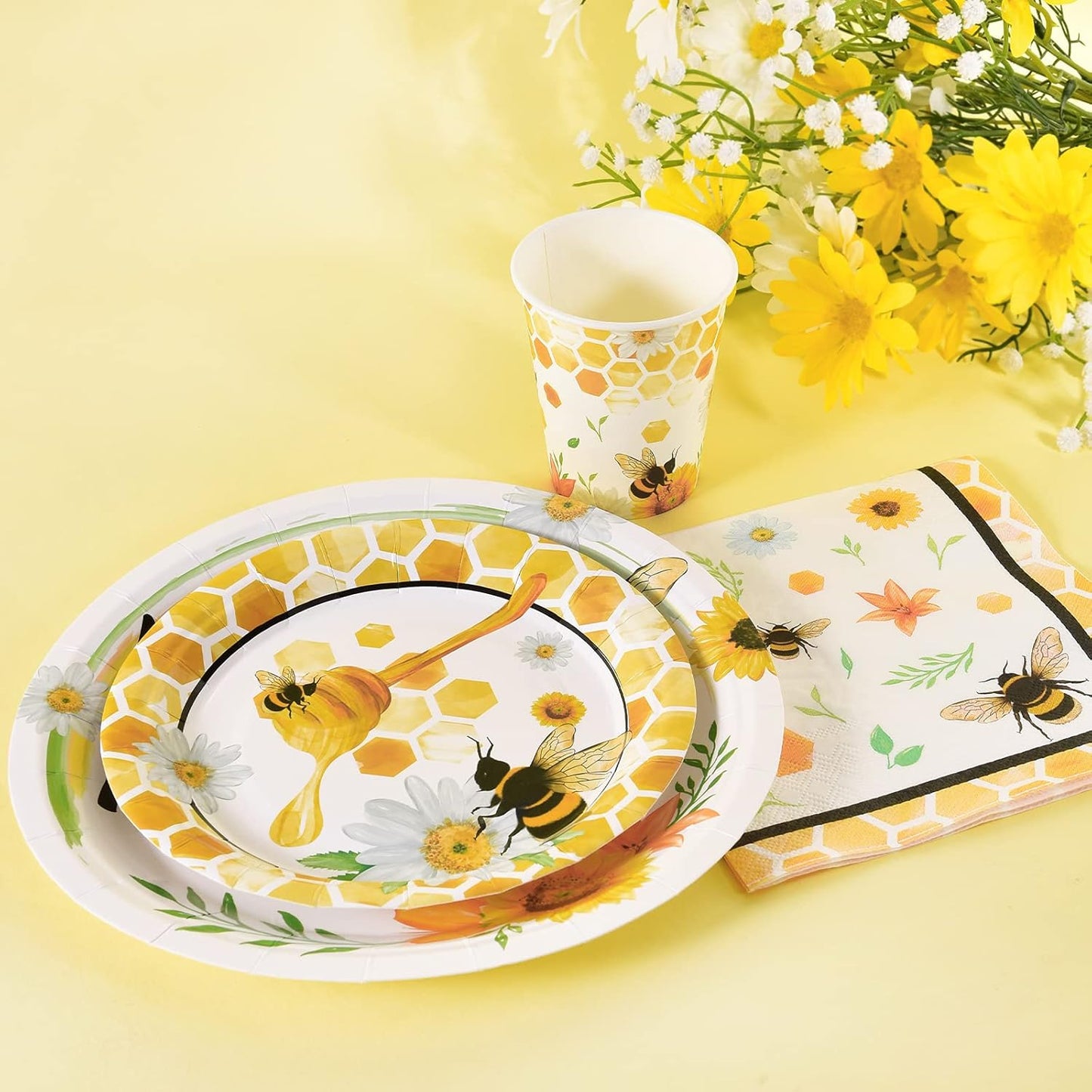 Bee Party Tableware Set - Bee Party Supplies Set for Kids Girls Honey Bee Birthday Bundle Baby Shower Happy Bee Day Paper Plates Cups Napkins Dinnerware Serves 16 Guests 64 PCS