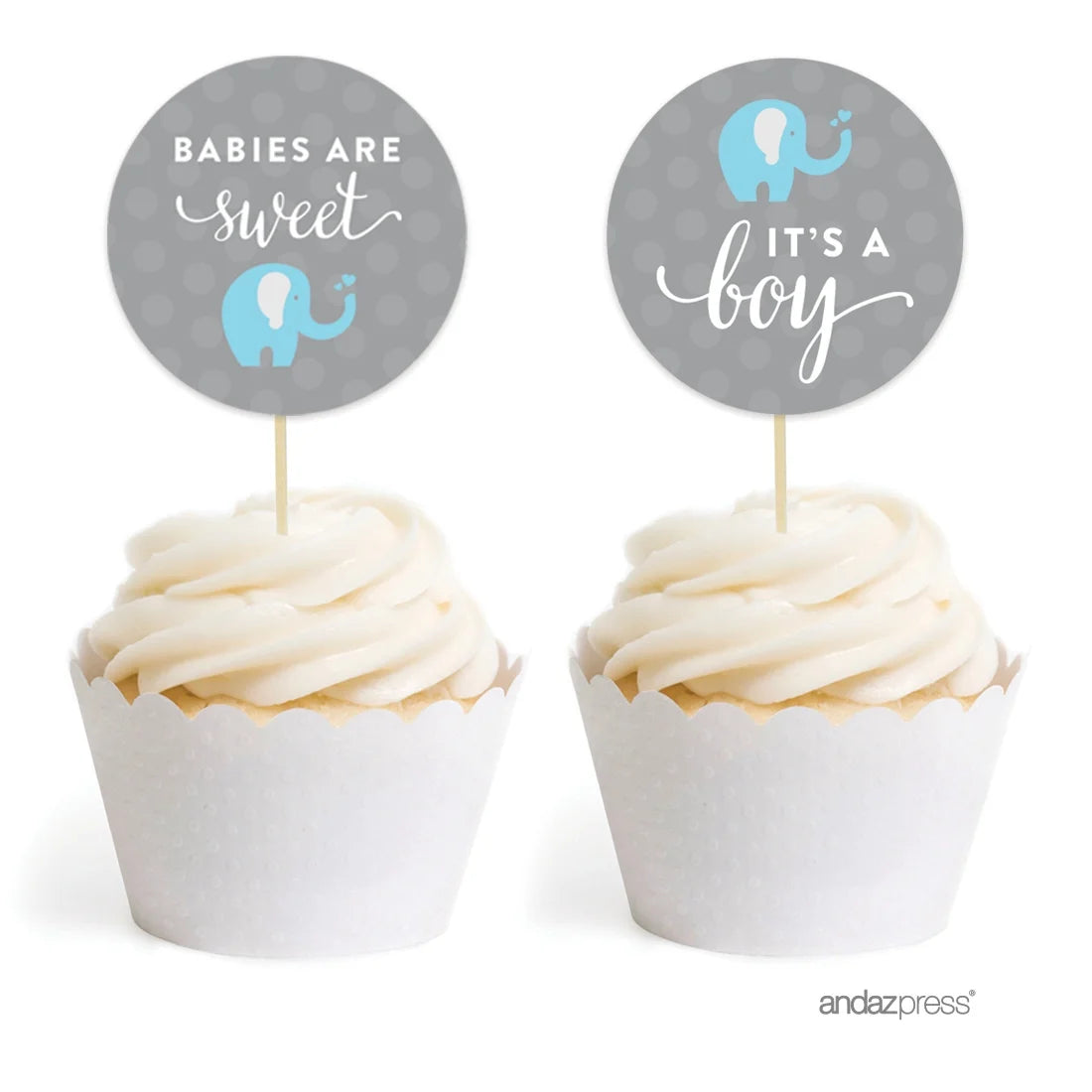 Boy Elephant Baby Shower Cupcake Topper DIY Party Favors Kit, 20-Pack