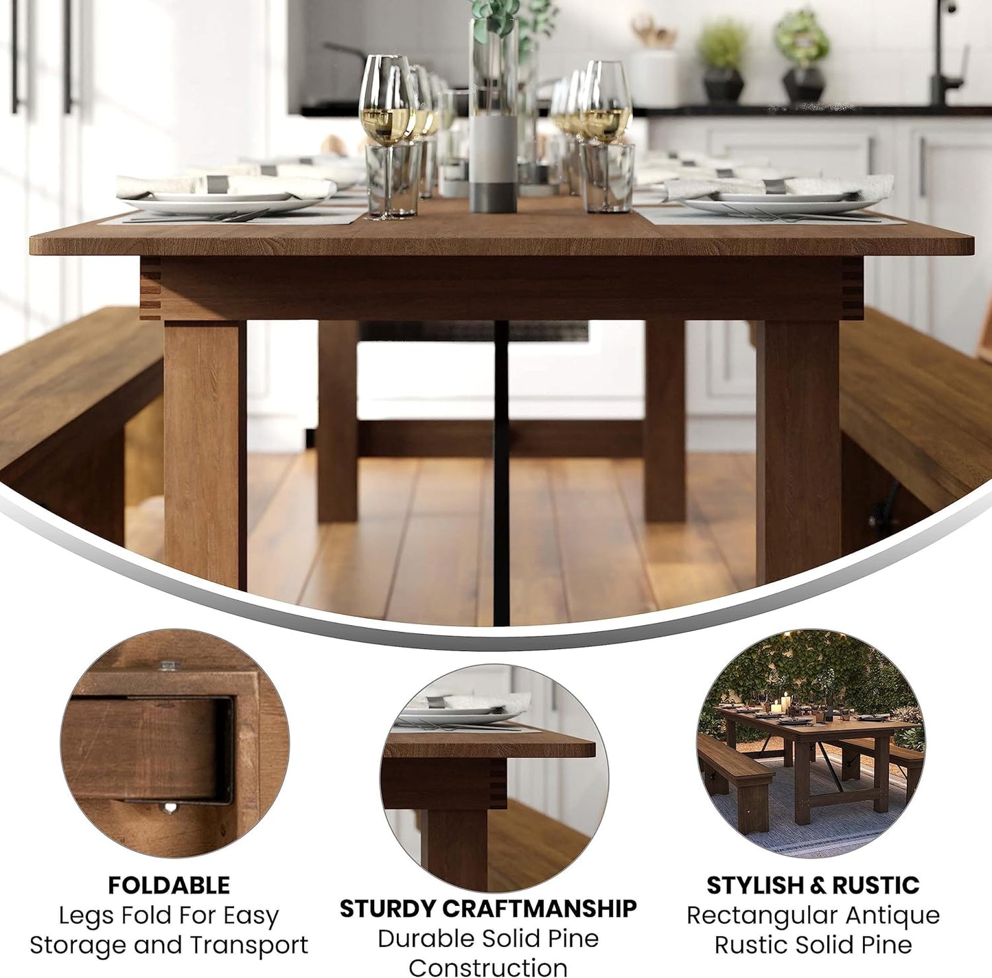 Hercules Series 9' X 40" Rustic Solid Pine Folding Dining Table, Rectangular Antique Farmhouse Dining and Event Extension Table