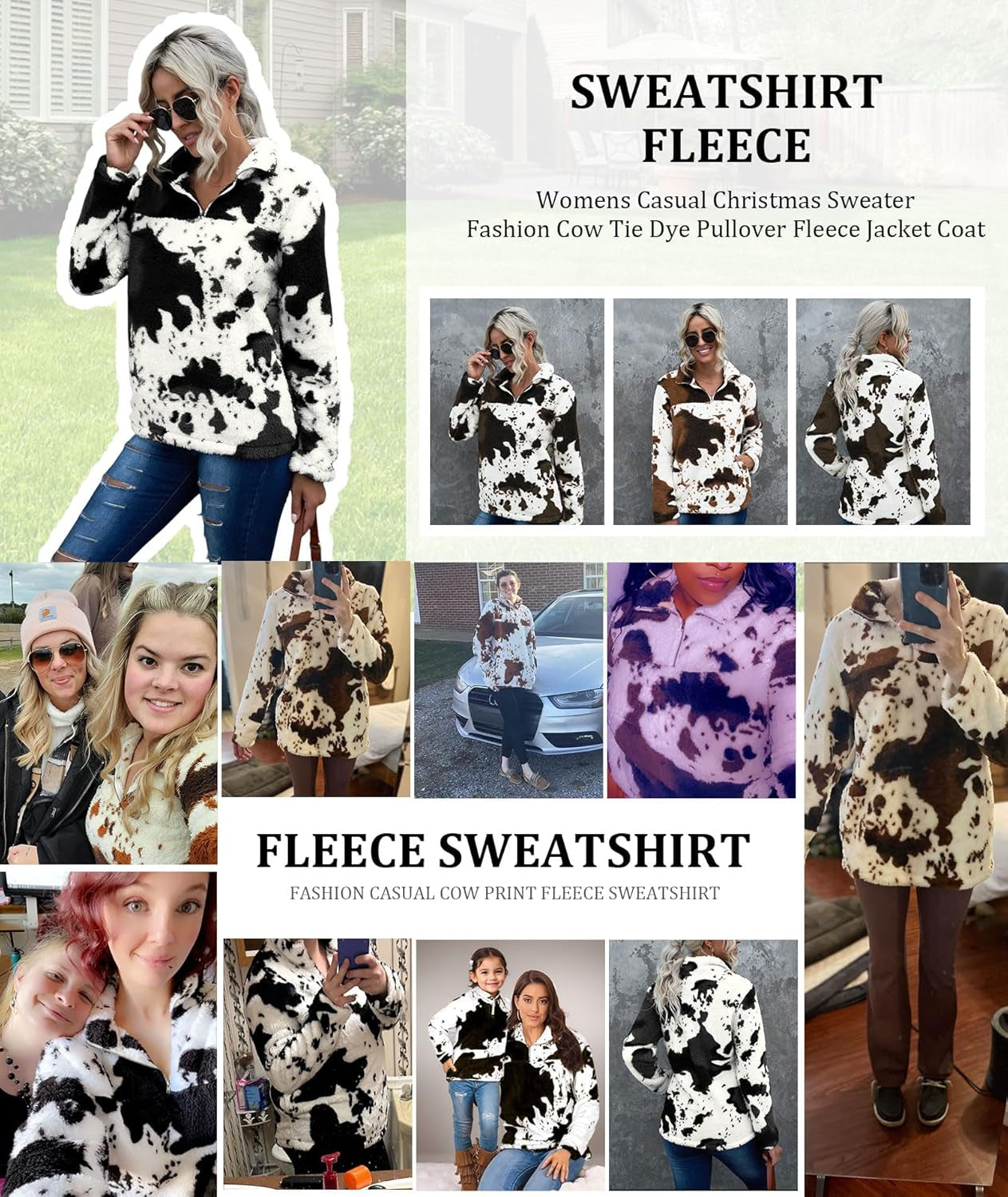 Womens plus Size Long Sleeve Casual Zip Collar Cow Print Fleece Jacket Tops