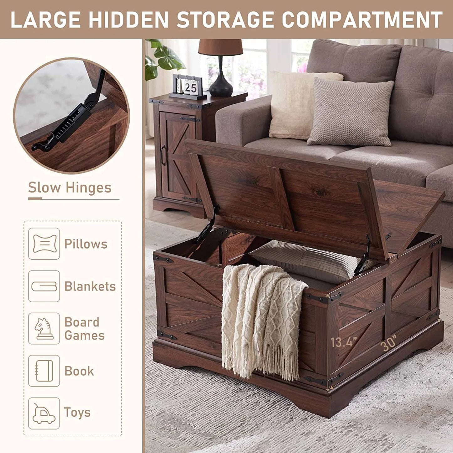 Farmhouse Coffee Table with Storage and Lift Top, Square Wood Center for Living Room, Brown