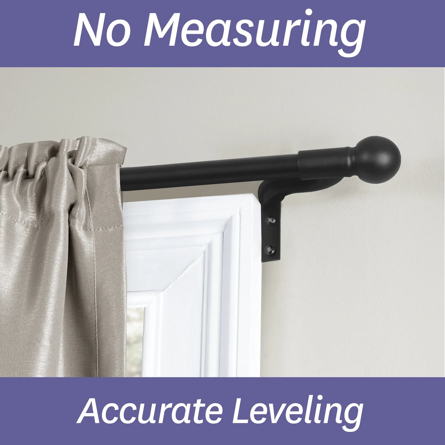 No Measuring Easy Install Cafe Window Rod, 18"-48", with Ball Finials, Black