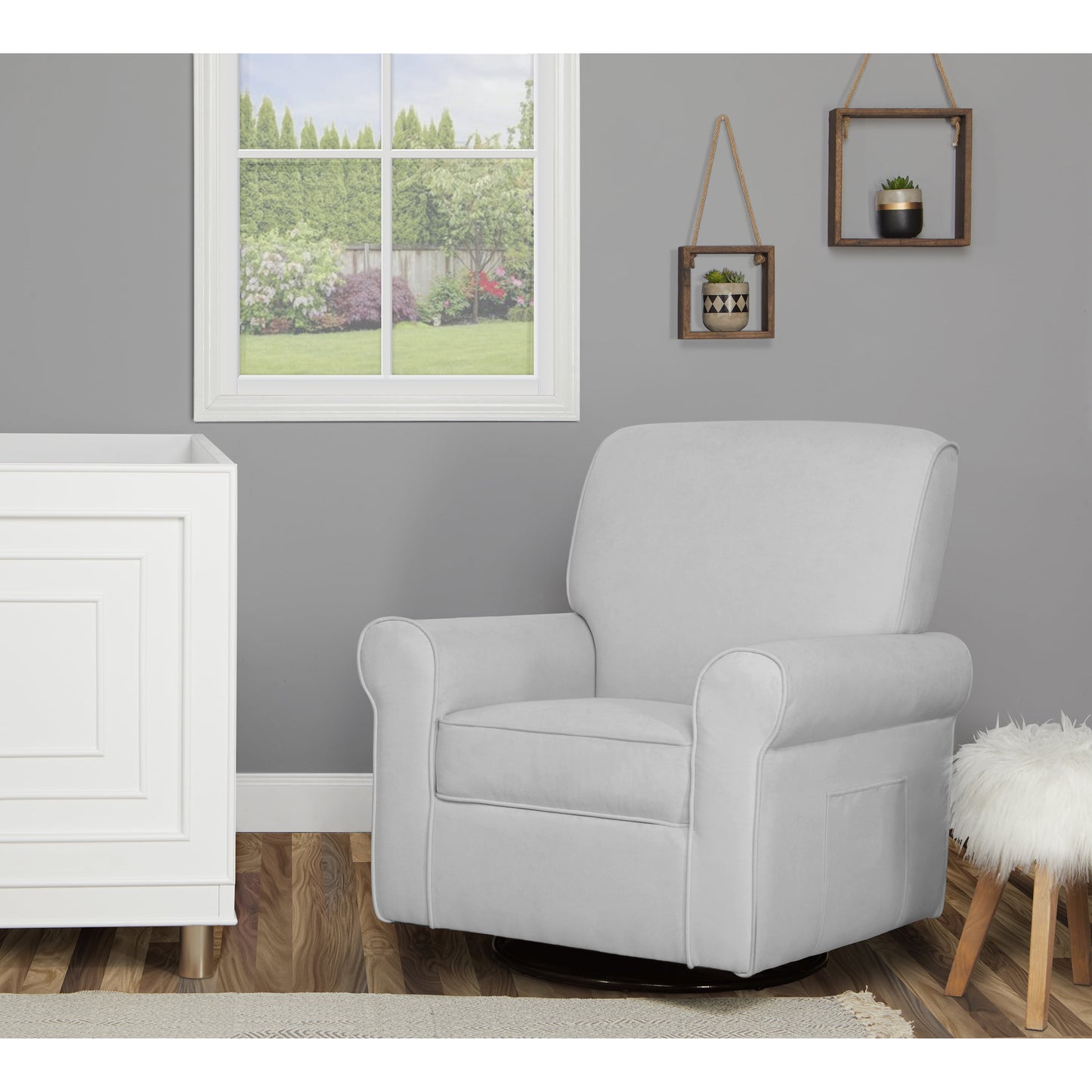 London Upholstered 360 Swivel L Glider I Rocker I Nursery Glider I Durable Soft Fabric in Gray Finish