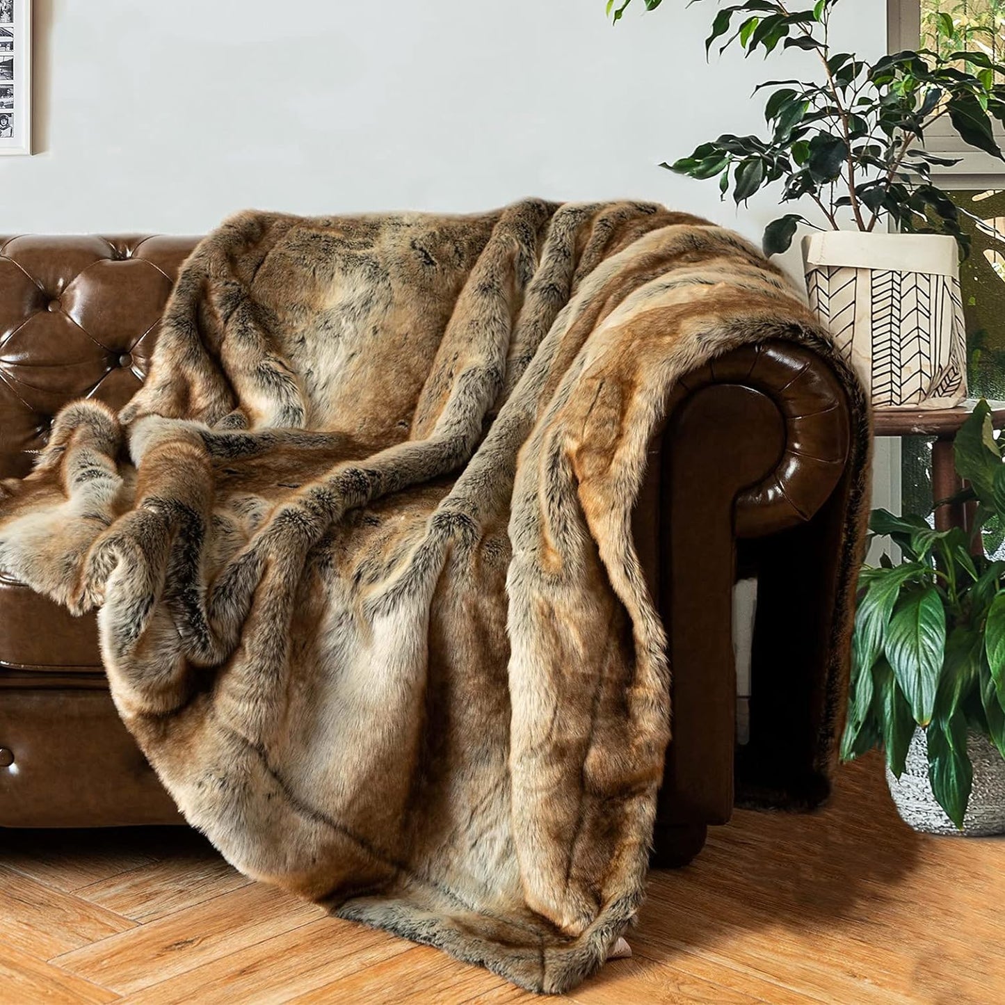 Luxury Brown Faux Fur Blanket Thick Warm Elegant Cozy Fuzzy Throw for Couch, Bed, Sofa Fluffy Blankets Decorative Reversible to Plush Velvet, 50"X60"