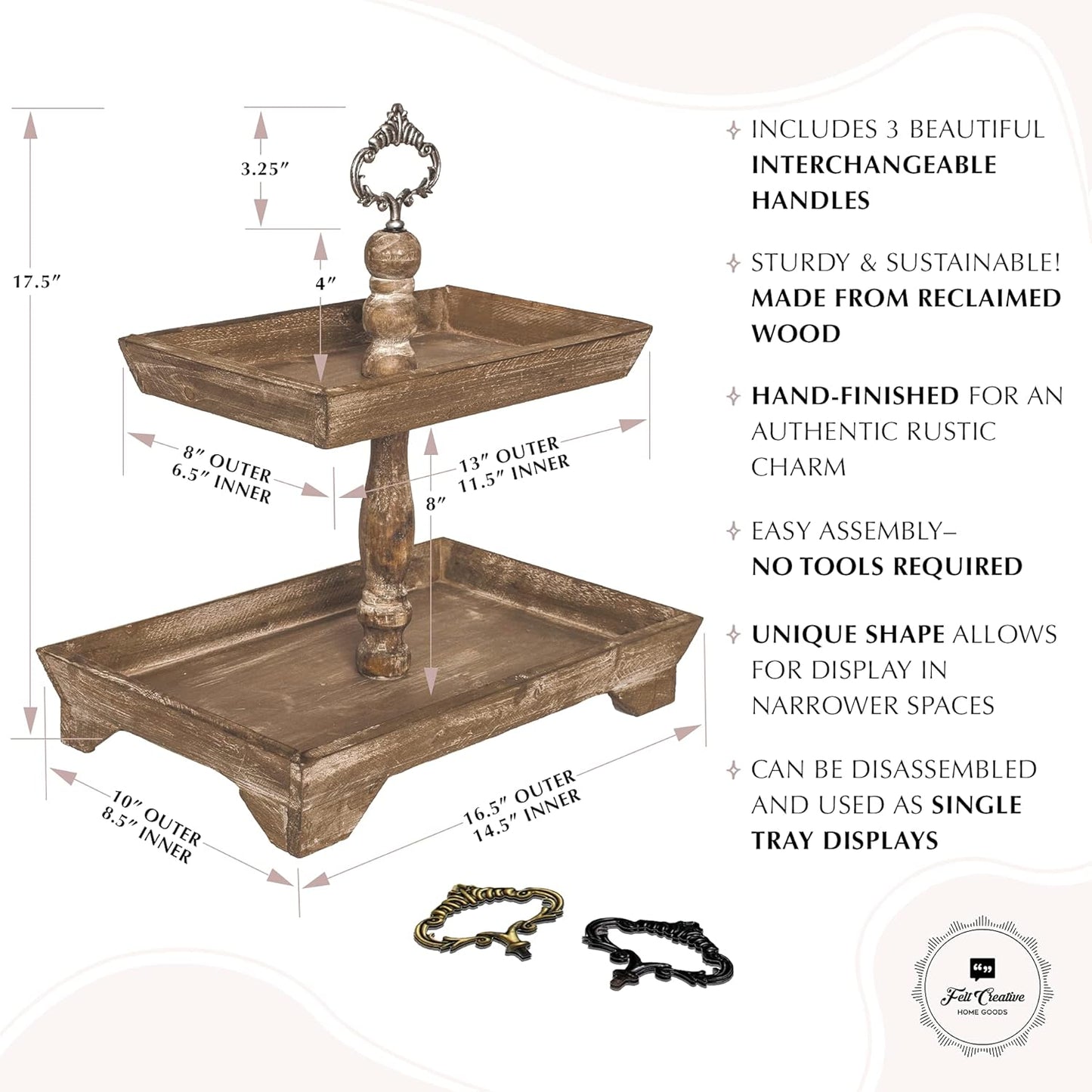 Rustic Wood Two Tiered Tray Rectangle 2 Tier Serving Tray for Coffee Bar, Kitchen Counter, Dining Room Table, Cupcake Stand, Holiday and Farmhouse Decor (Rustic Brown)