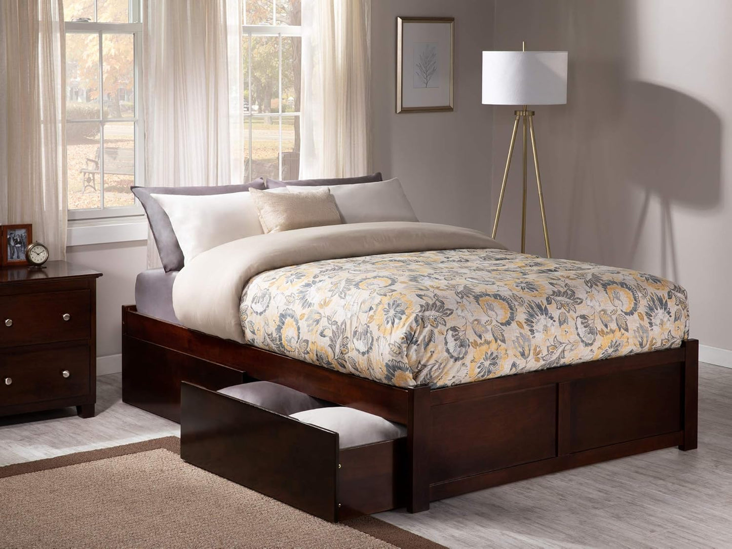 Concord Queen Size Platform Bed with Footboard & Storage Drawers in Walnut