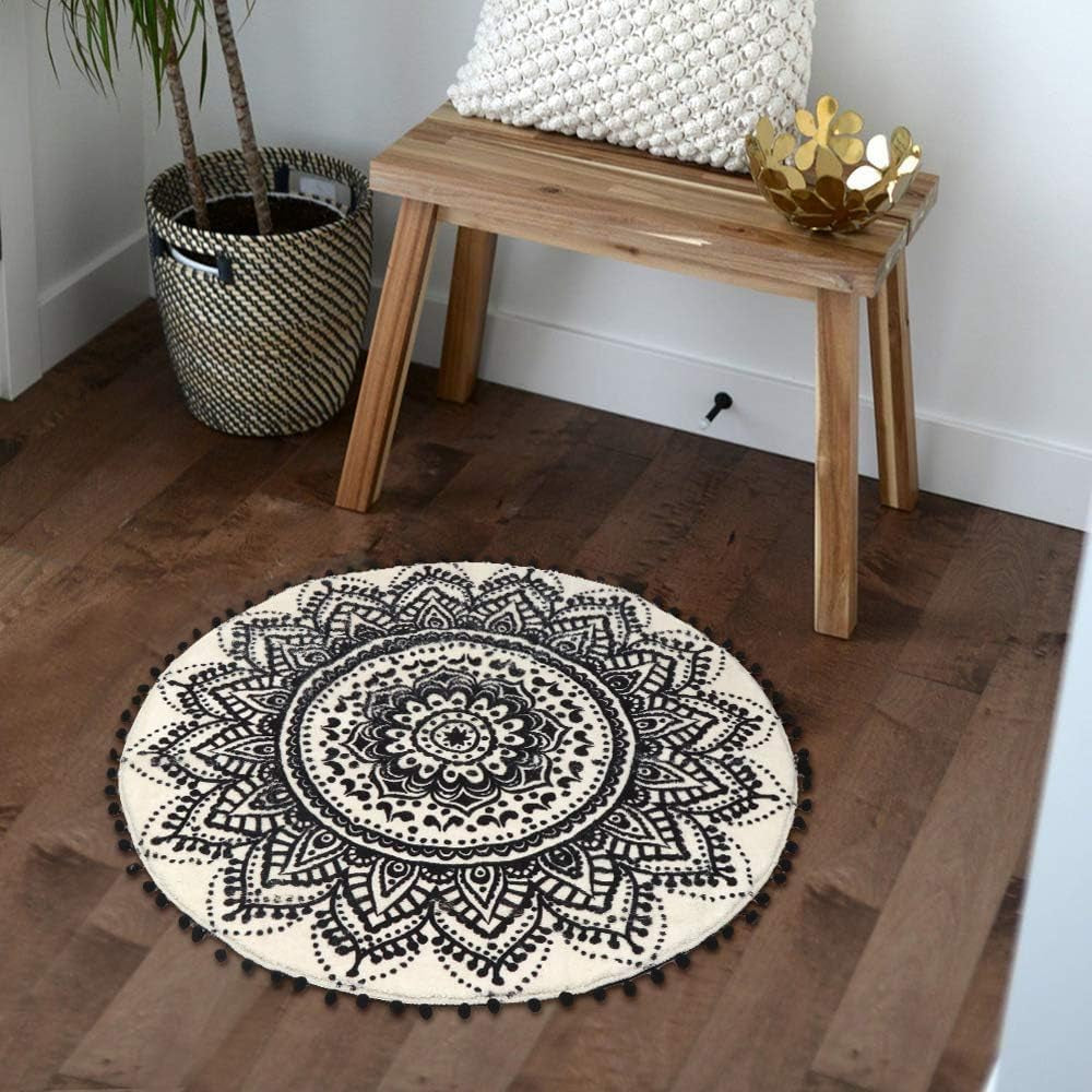 Small round Rug 2’ Boho Beige and Black Bathroom Rug with Pom Poms Fringe Washable Mandala Circle Shower Mat Soft Non-Slip Cute Circular Throw Rug for Sink Powder Room Kids Room Nursery