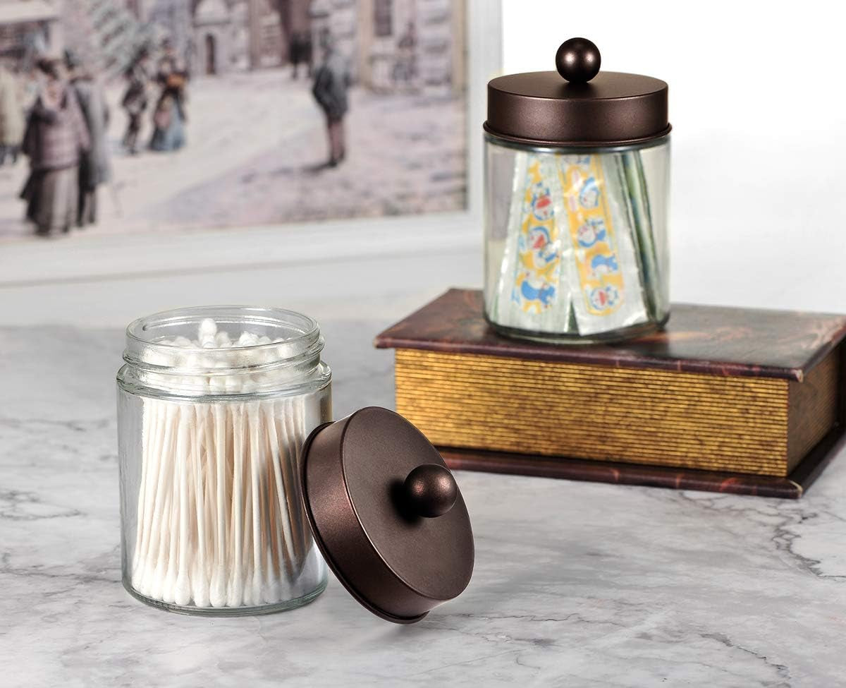 4Pc Apothecary Jars Bathroom Vanity Storage Organizer Set -Countertop Canister with Stainless Steel Lids &Cute Stickers - Qtip Dispenser Holder for Qtips,Cotton Swabs,Makeup Sponges (Bronze)