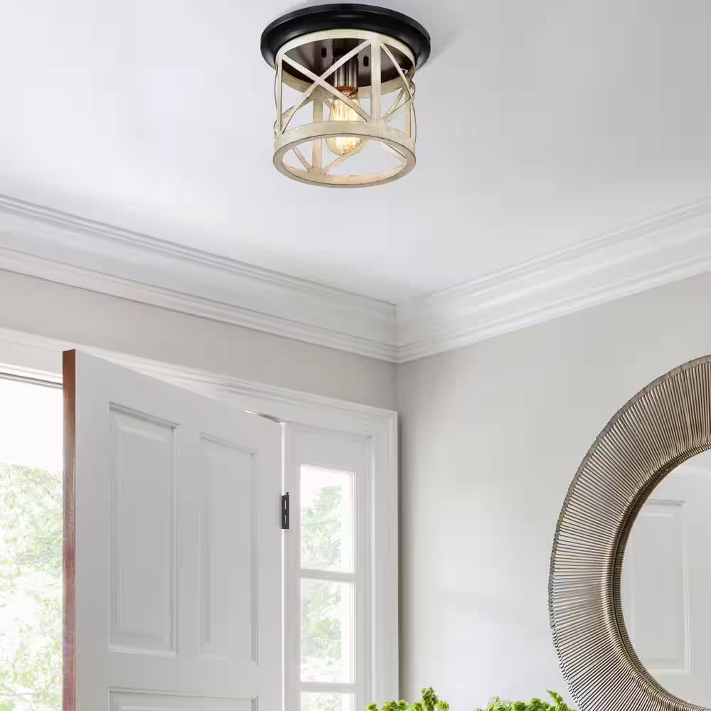 9.75 In. 1-Light Oil-Rubbed Bronze and Briarwood Finish Cage Drum Flush Mount