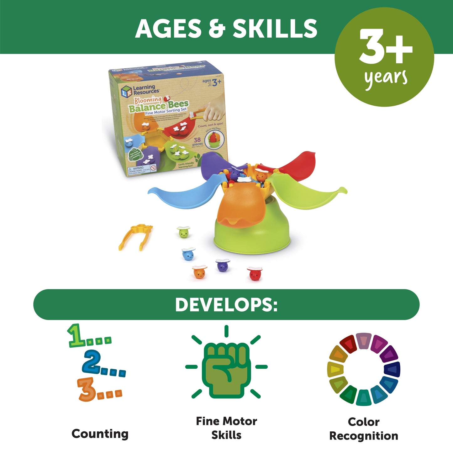 Blooming Balance Bees Fine Motor Sorting Set, 38 Pieces, Ages 3+, Preschool Learning Activities, Toddler Learning Toys 2-4, Montessori Toys, Sustainable Toys