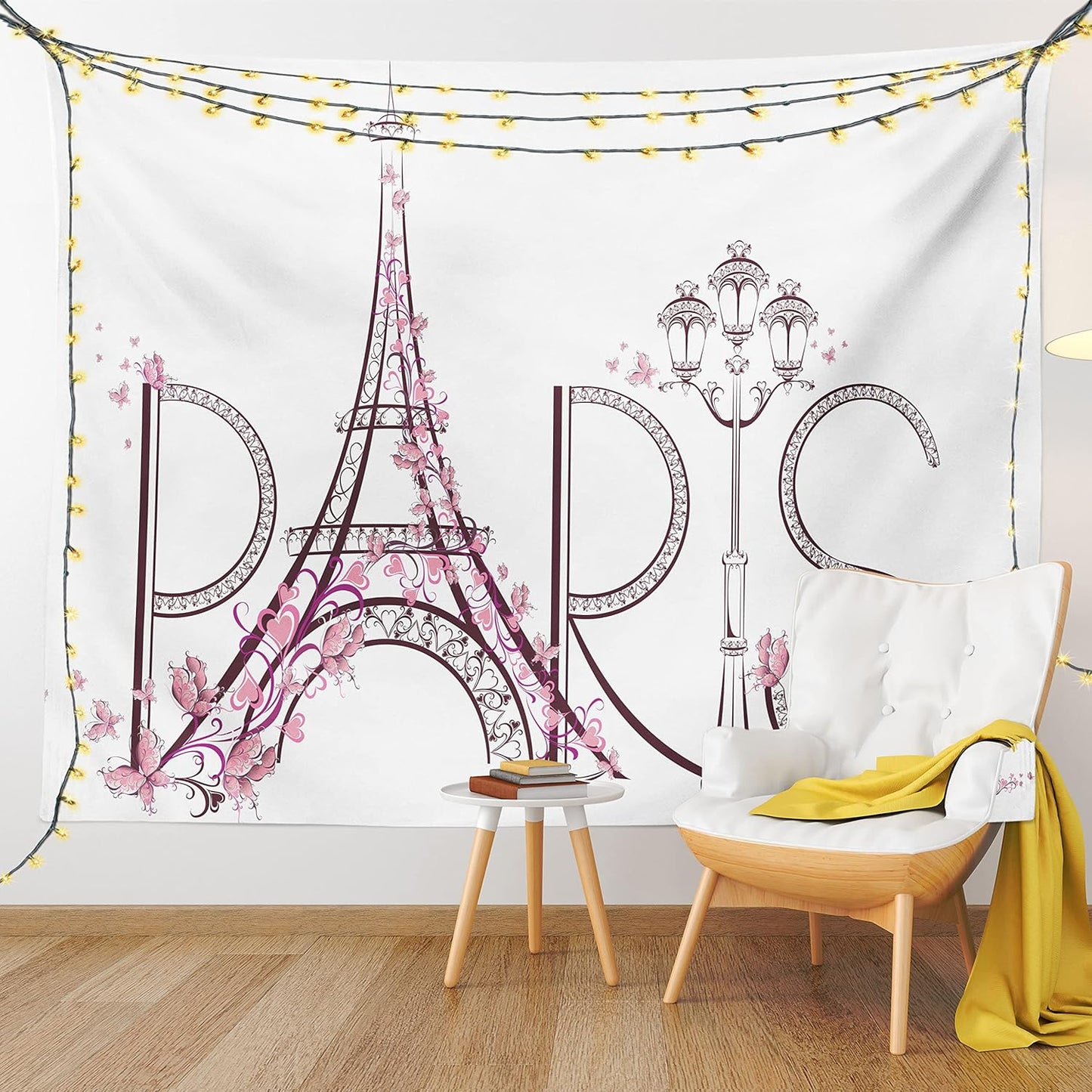 Paris Tapestry King Size, Tower Eiffel Lettering Couple Trip Flowers Floral Design European Print, Wall Hanging Bedspread Bed Cover Wall Decor, King Size, Pink Plum