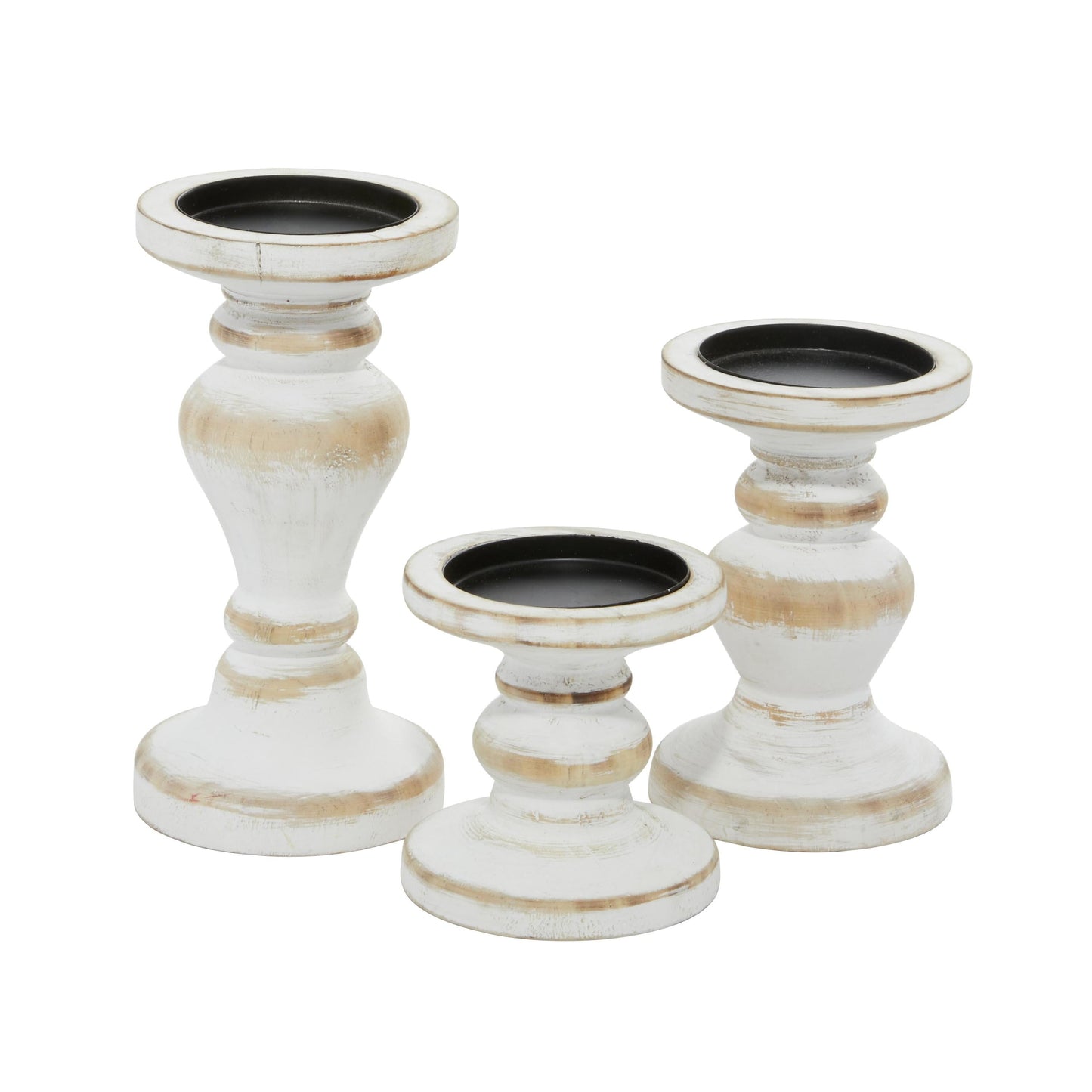 Farmhouse White Washed Wooden Curved Pillar Candle Holders Set of 3, 8", 6", 4"H Natural Distressed Finish