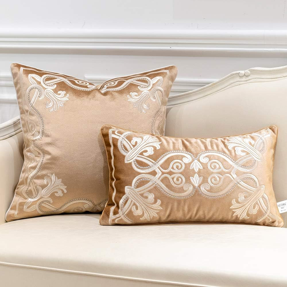 12 X 20 Inch European Cushion Cover Luxury Velvet Home Decorative Embroidery Petunias Pillow Case Pillowcase for Sofa Chair Bedroom Living Room, Beige