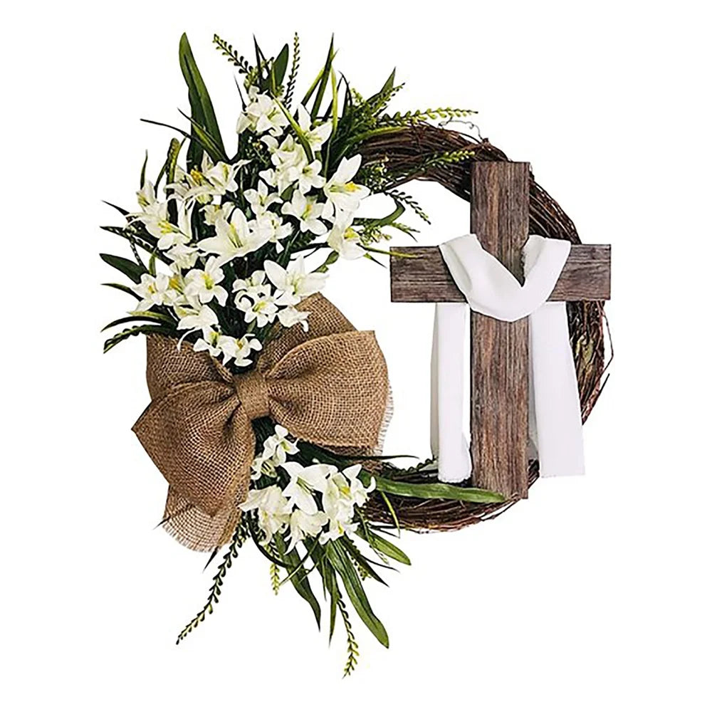 Easter Wreath with Cross Burlap Bow Rustic Grapevine Wreath Spring Decorating Farmhouse Decor Wall Home Decor Gift DIY Easter Front Door Wreath Decoration