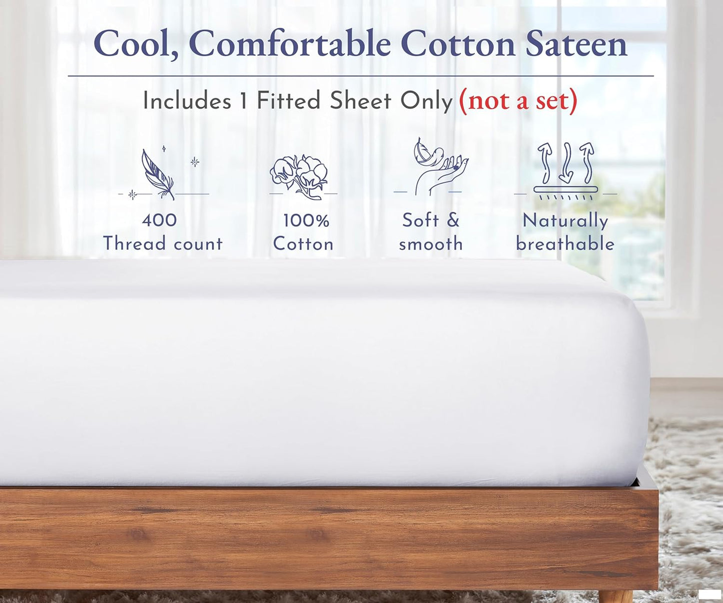 King Size Fitted Sheet White, 100% Cotton 400 Thread Count Sateen, Deep Pockets, Durable Fitted Sheet Only (King, White)