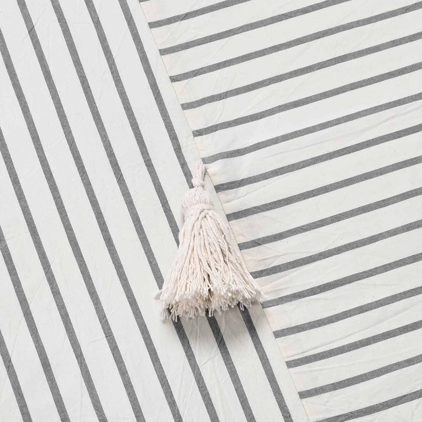 Gray and Beige Stripe Patchwork Cotton Fabric Tassel Shower Curtain for Bathroom,Farmhouse,Country Rustic and Cute Style,72 X 72 In