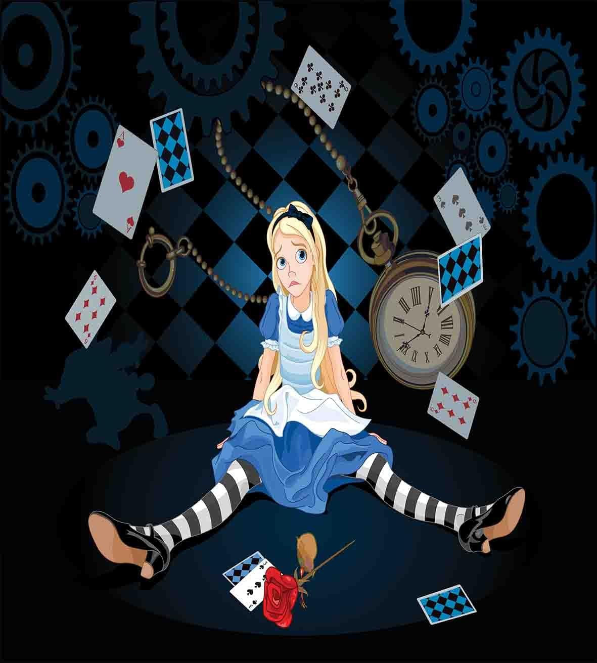 Alice in Wonderland Duvet Cover Set, Grown Giant Girl Sitting Flying Cards and Rose Checkered Cartoon, Decorative 3 Piece Bedding Set with 2 Pillow Shams, Queen Size, Dark Blue Sepia