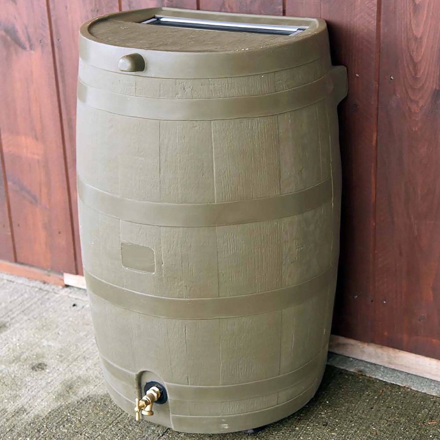 Polyethylene 50 Gallon Flat Back Brass Spigot Rain Barrel, Oak Color