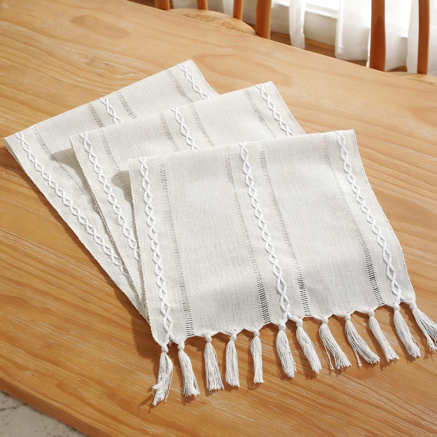 Rustic Farmhouse Style Linen Table Runner, Boho Handmade Tassel Embroidered Table Runners 108 Inches Long for Holiday Party, Wedding and Dining Decorations, 13 X 108 Inch - Ivory