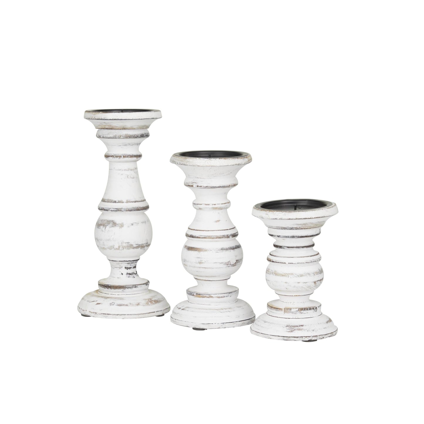 Traditional and Timeless Mango Wood Pillar Candle Holder Set of 3, 6", 8", 1"H, White/Rose Blush Finish