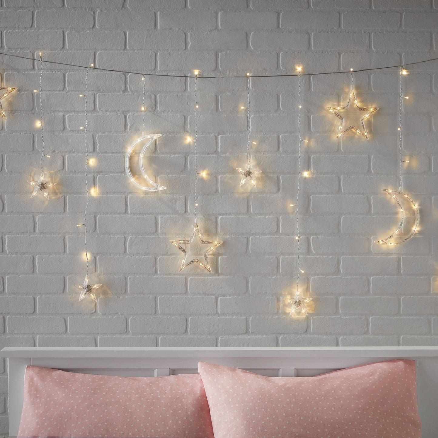 144-Count Indoor Battery Operated Warm White LED Curtain Lights with Stars and Moons